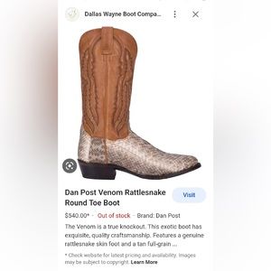 Dan Post Venom Rattlesnake Cowboy Boots, Size 8 mens